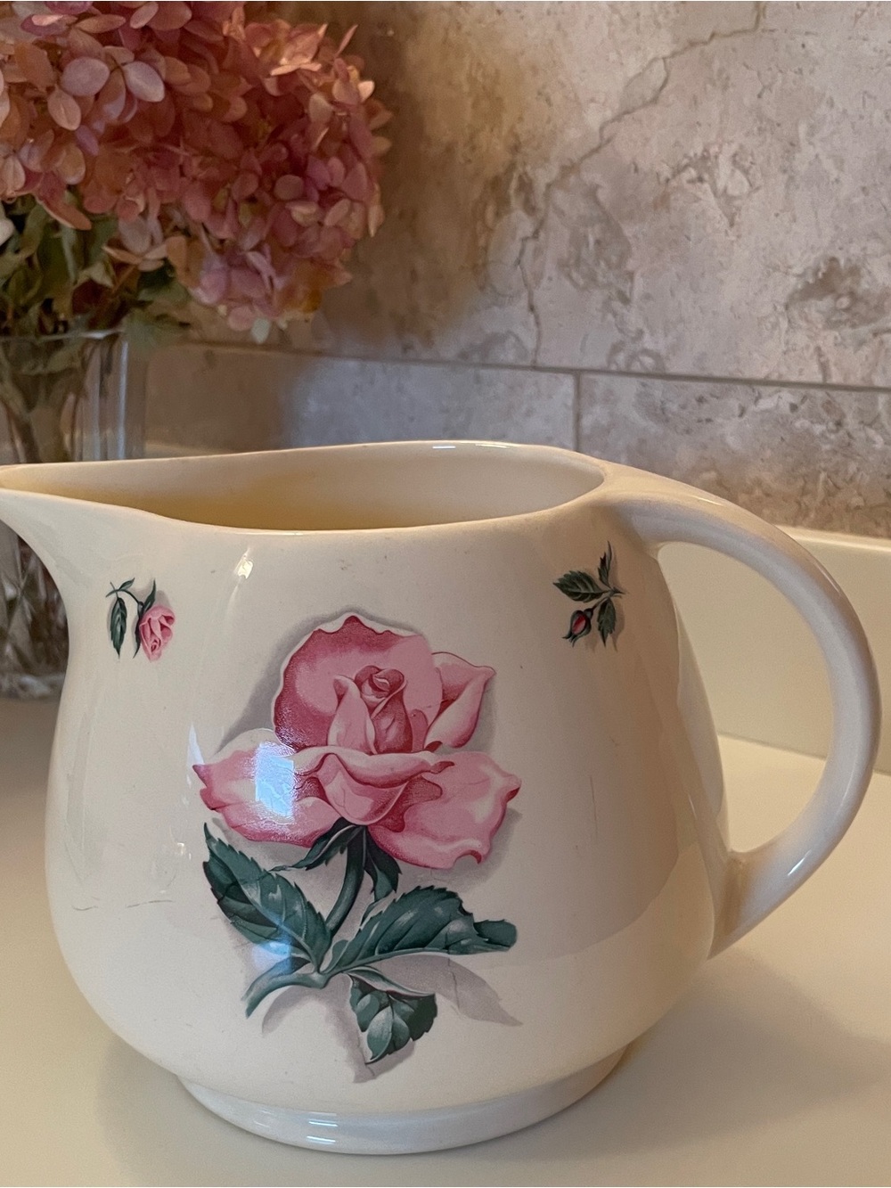 Vintage Household Institute Cream Ceramic Pitcher with Pink Rose Floral Design
